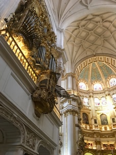 A grand pipe organ in a cathedral bathed in soft, ethereal light.