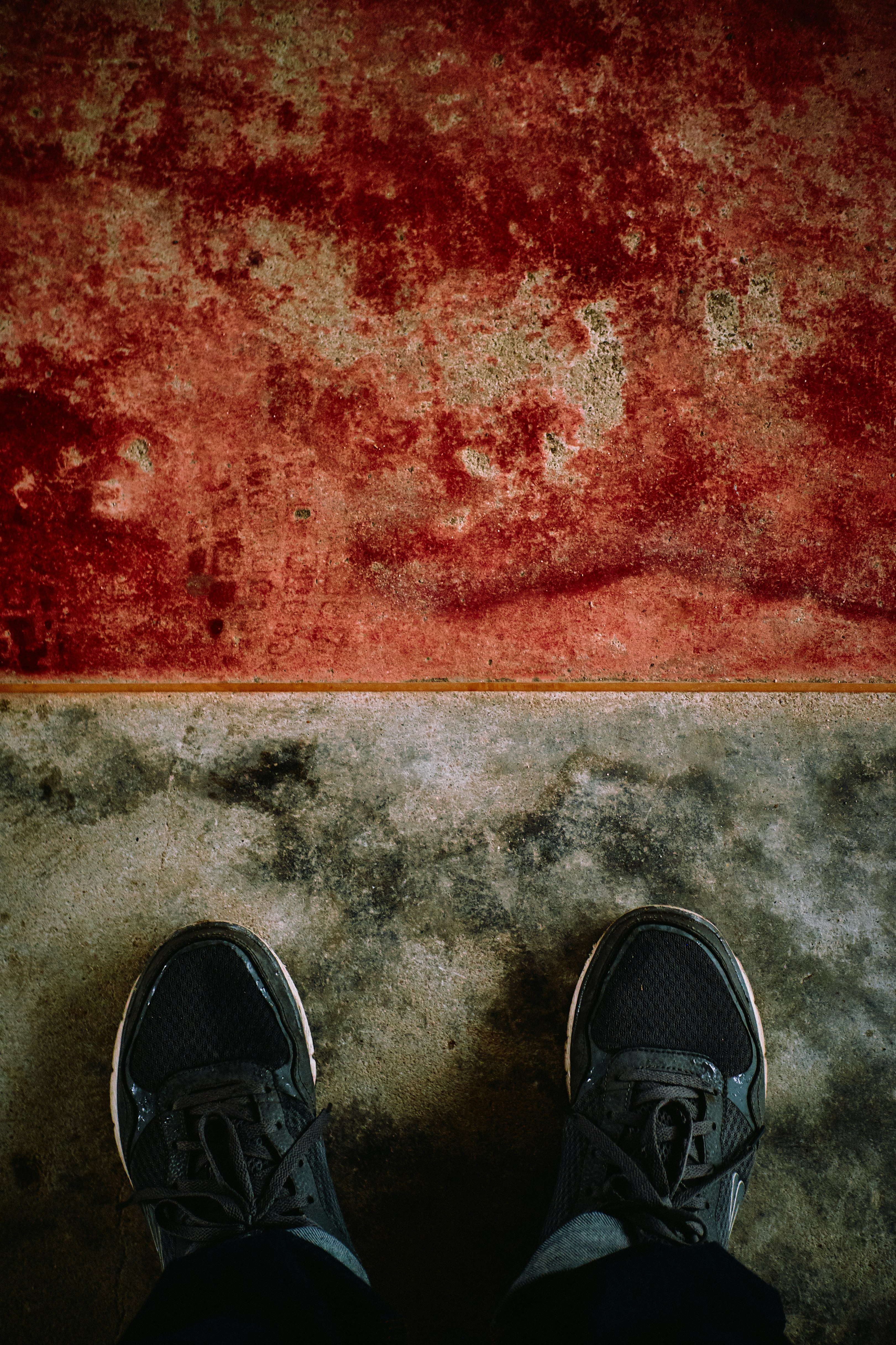 black and white sneakers on red and white area rug