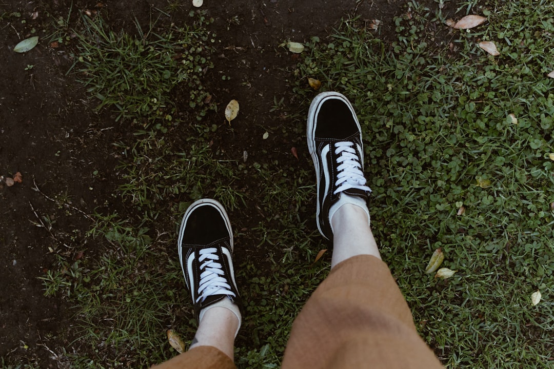 person wearing black and white vans low top sneakers
