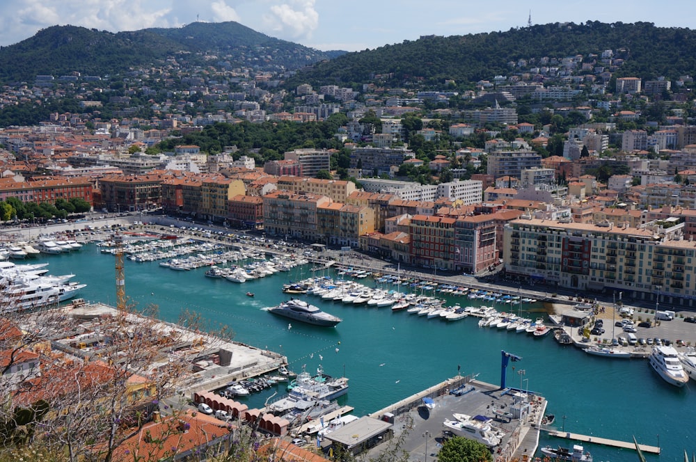 Veduta aerea degli edifici della città vicino allo specchio d'acqua durante il giorno