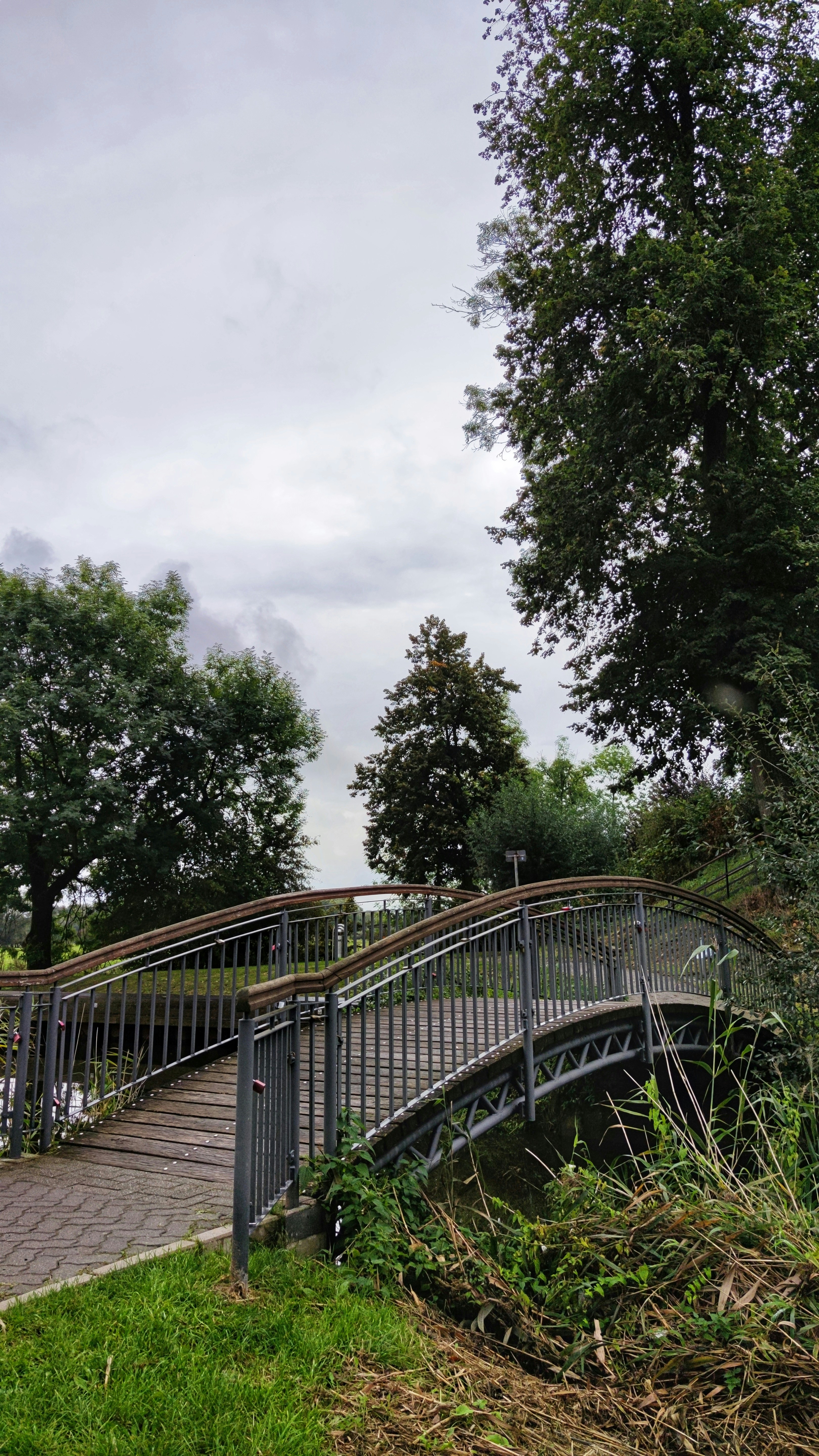 Brown wooden bridge near green trees under white clouds during daytime ...
