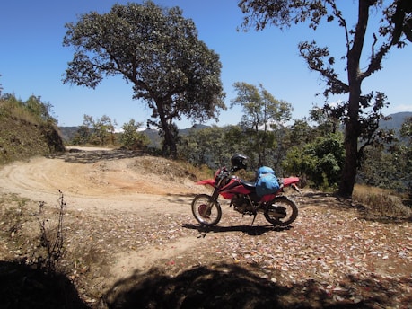 A red motorcycle is parked on a dirt path surrounded by trees. The path is lined with fallen leaves, and the background features a clear blue sky and distant hills. The motorcycle has a blue backpack strapped to it and a helmet resting on the seat.