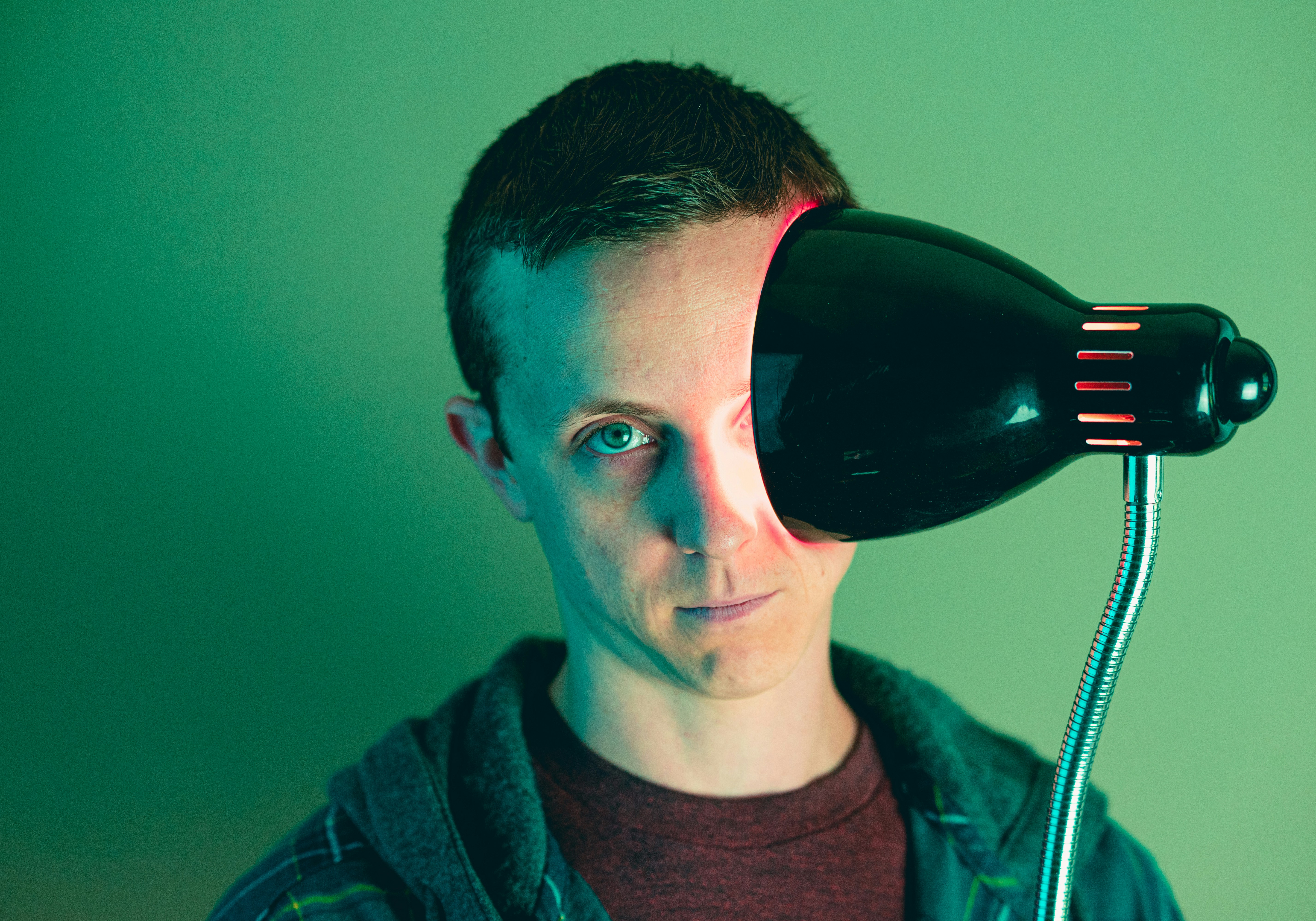 A portrait of a young man made during a fun session of portrait practice in very odd lighting.