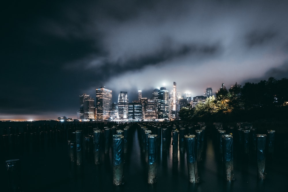 city skyline during night time