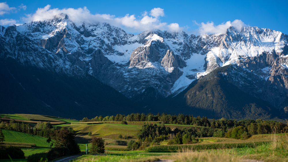 Champ d’herbe verte près de la montagne enneigée pendant la journée