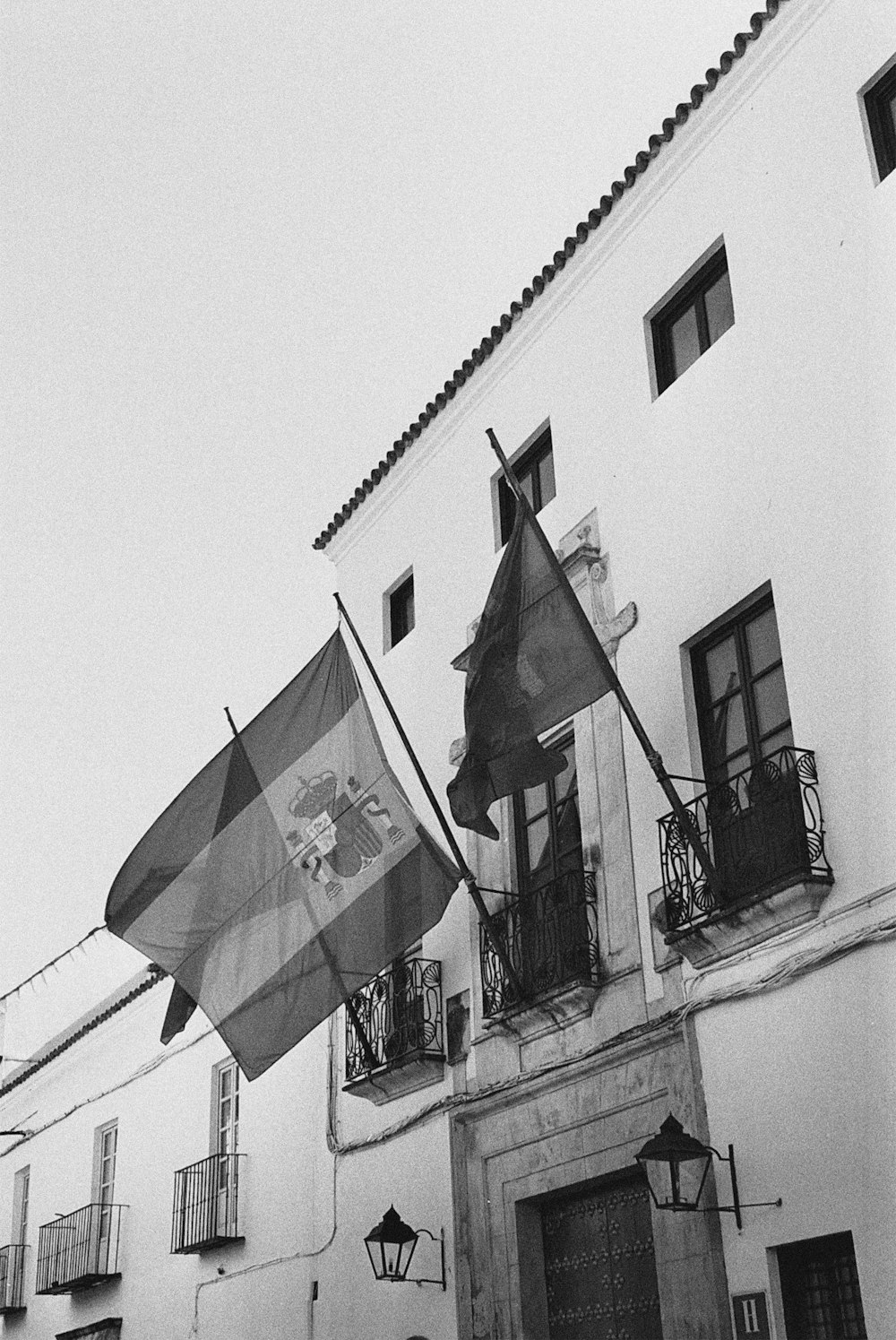 grayscale photo of flag on pole
