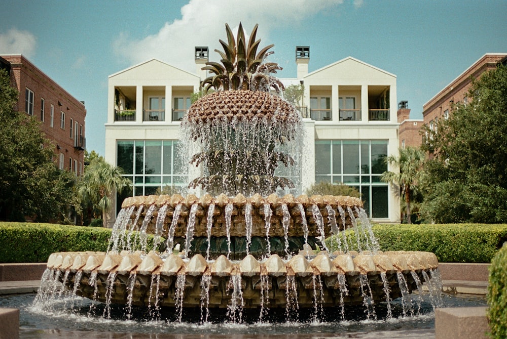 water fountain in front of white building