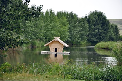 A small, rustic wooden house is built on a platform in the middle of a serene lake, surrounded by dense, lush green trees. The calm water reflects the trees and house, creating a tranquil natural setting.