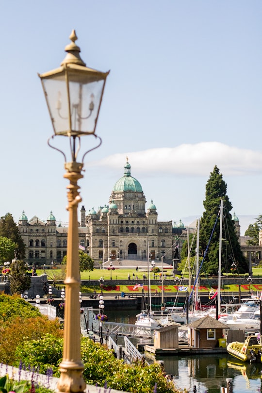 white and blue boat on dock near green and white concrete building during daytime in British Columbia Parliament Buildings Canada