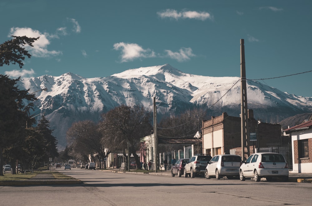 Auto parcheggiate sul lato della strada vicino agli alberi e alla montagna innevata durante il giorno