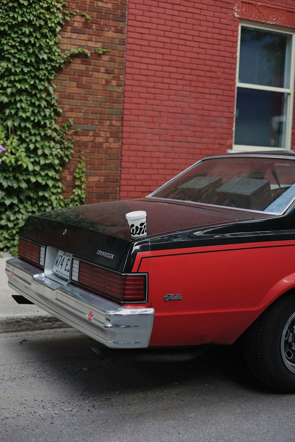 red and black chevrolet camaro parked beside green plant