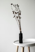 A minimalist composition featuring a dark glass bottle holding cotton branches. The bottle is placed on a round, white table with light wooden legs. The setting conveys simplicity and elegance against a light, neutral background.