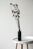 A minimalist composition featuring a dark glass bottle holding cotton branches. The bottle is placed on a round, white table with light wooden legs. The setting conveys simplicity and elegance against a light, neutral background.