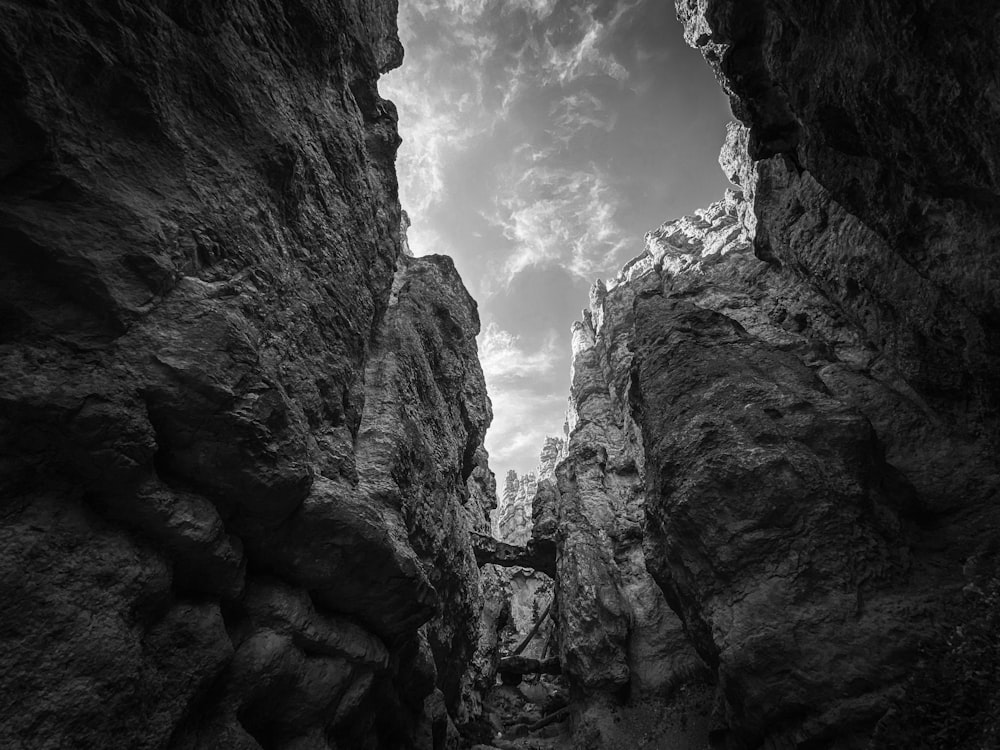 grayscale photo of rocky mountain