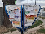 A public bulletin board with a variety of colorful paper advertisements and notices attached, placed outdoors near a tree. The board is surrounded by a pavement and some grass, with vehicles visible in the background driving along a road.