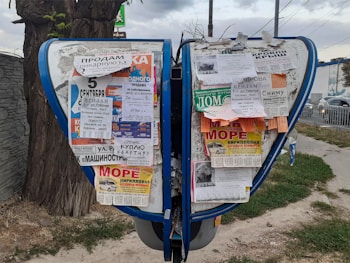 A public bulletin board with a variety of colorful paper advertisements and notices attached, placed outdoors near a tree. The board is surrounded by a pavement and some grass, with vehicles visible in the background driving along a road.