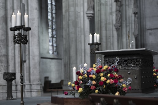 A serene altar adorned with candles, crystals, and flowers, symbolizing love and devotion.