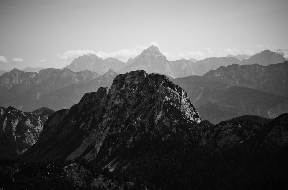 grayscale photo of mountains during daytime