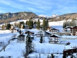 A quaint alpine village nestled in a snowy landscape, featuring a cluster of wooden chalets surrounded by snow-covered trees and hills. The background showcases a range of mountains under a clear blue sky.