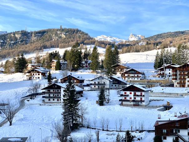 A quaint alpine village nestled in a snowy landscape, featuring a cluster of wooden chalets surrounded by snow-covered trees and hills. The background showcases a range of mountains under a clear blue sky.