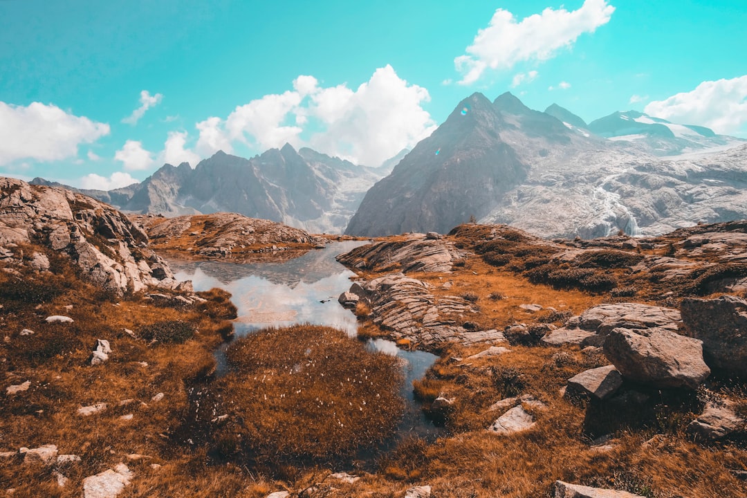 brown grass field near snow covered mountain during daytime