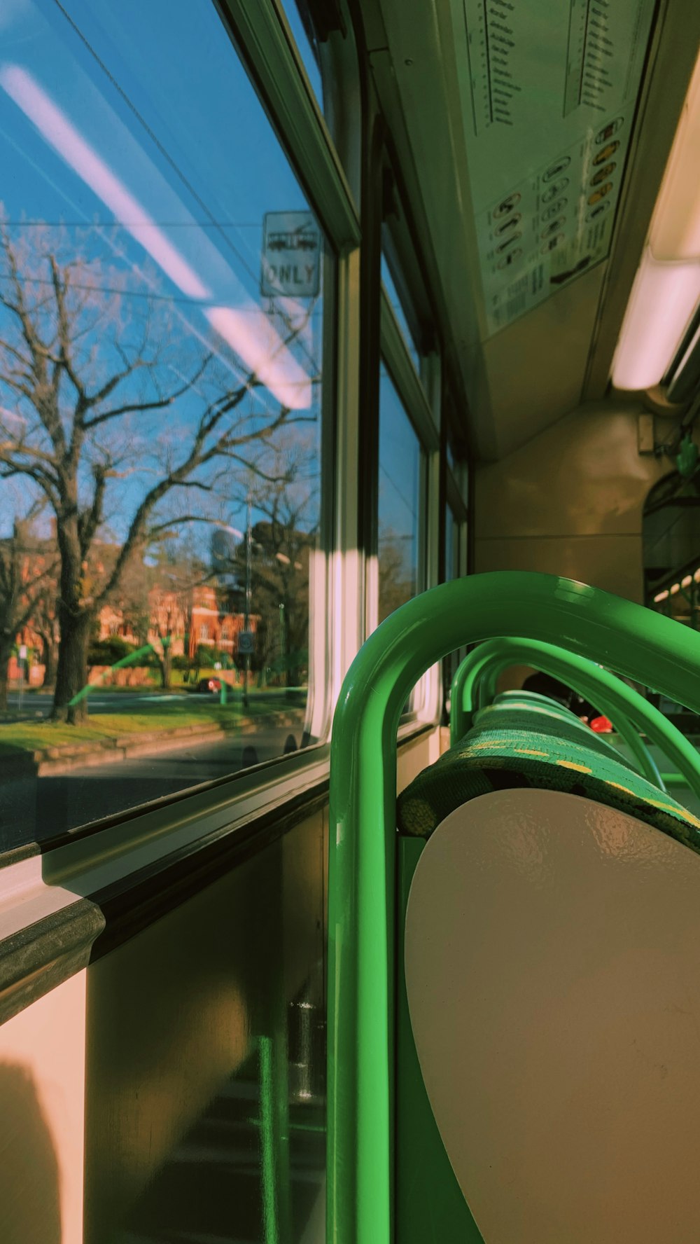 green and white bus interior