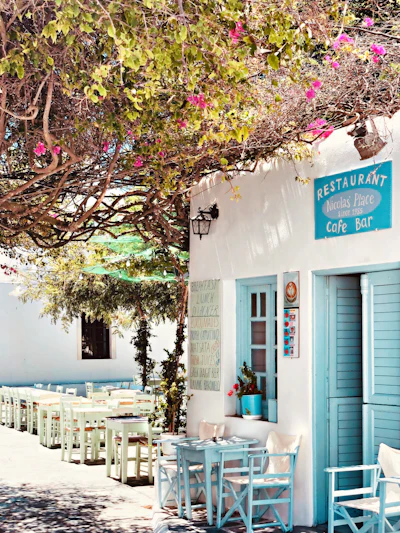 Traditional Greek restaurant setting with classic tableware and Mediterranean ambience