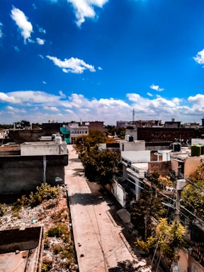 A quiet neighborhood street with empty plots for sale.