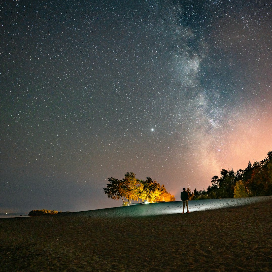 person standing on brown sand under starry night