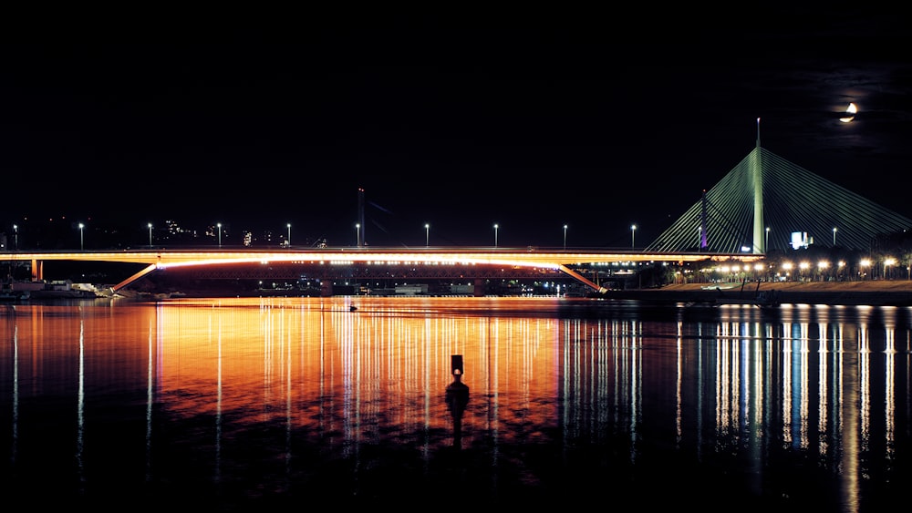 silhouette of person standing on bridge during night time