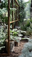 A serene garden scene featuring various planters.
