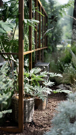 A serene garden scene featuring hanging plant pots with trailing vines under dappled sunlight.
