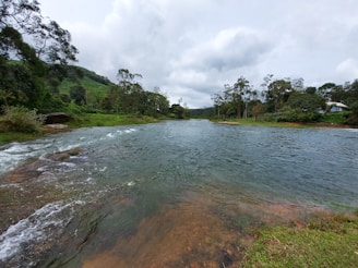 A serene landscape showing a clear river flowing through a lush green environment.