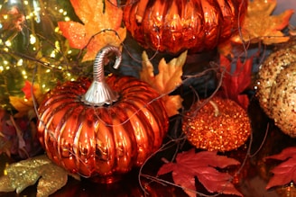 red and yellow fall pumpkins and leaves ornaments