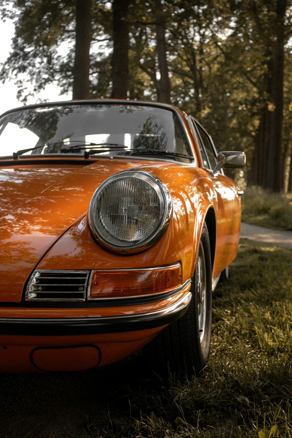 orange car on green grass field during daytime