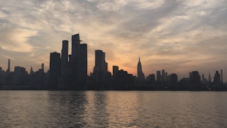 An artistic shot of a city skyline reflecting in calm waters.