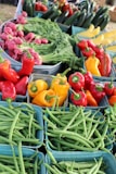 Colorful vegetables neatly arranged in baskets, showcasing their freshness and variety.
