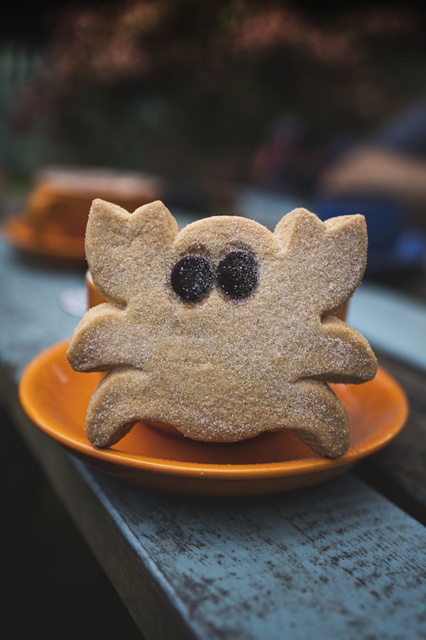 Brown cookie on orange plate