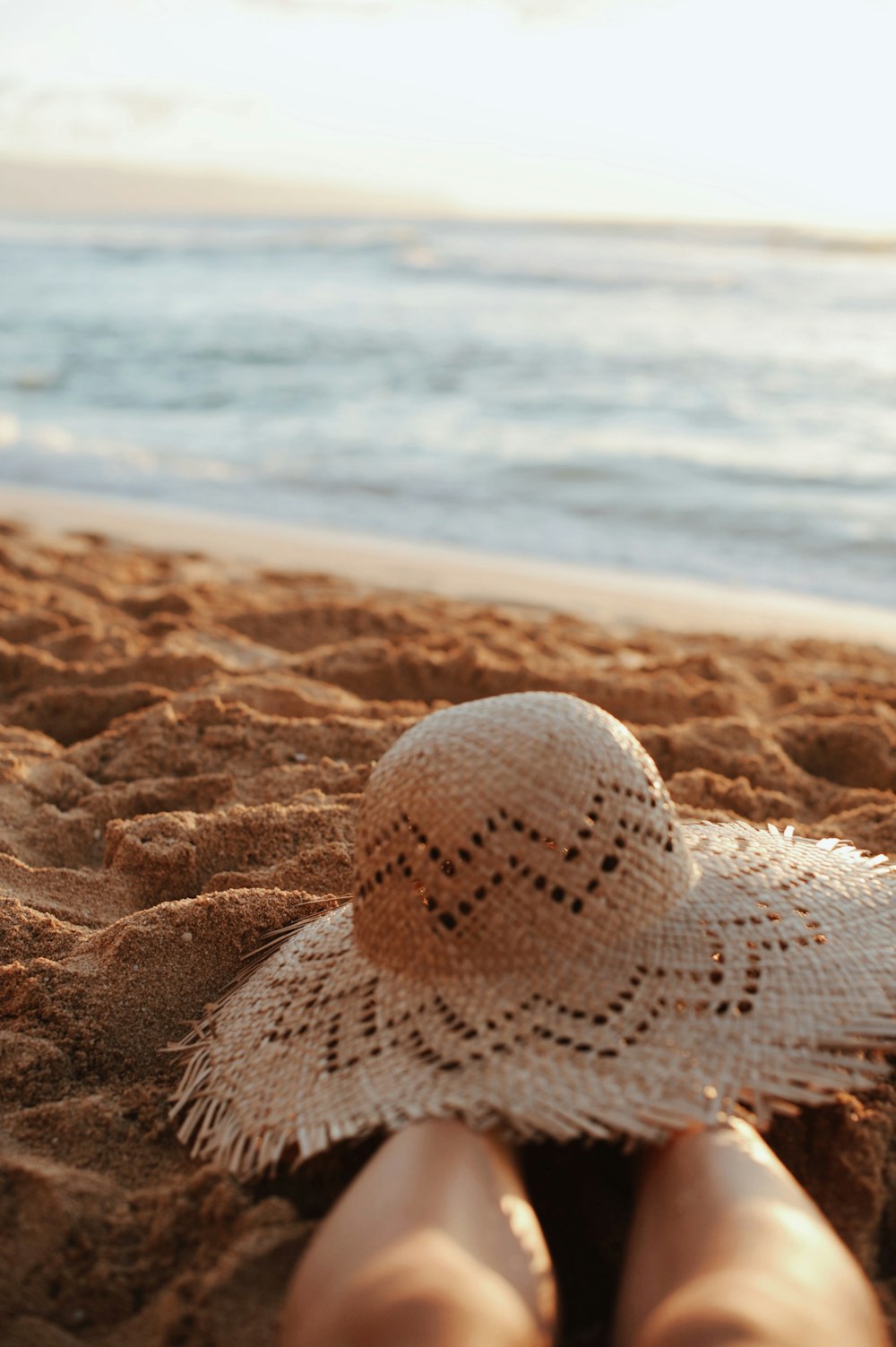 昼間、海近くの茶色の砂浜に白と茶色の帽子