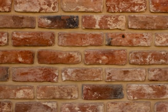 A symmetrical arrangement of unevenly colored red and brown bricks with visible mortar lines. Each brick varies slightly in texture and shade, suggesting handmade or rustic characteristics.