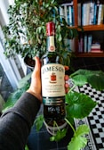 A hand holding a bottle of Jameson Irish Whiskey in a room with a large green plant and a bookshelf filled with books in the background. The bottle's label is clearly visible and partially reads 'Triple Distilled'. The setting appears to be well-lit, with natural light coming through a window.