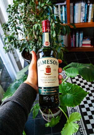 A hand holding a bottle of Jameson Irish Whiskey in a room with a large green plant and a bookshelf filled with books in the background. The bottle's label is clearly visible and partially reads 'Triple Distilled'. The setting appears to be well-lit, with natural light coming through a window.