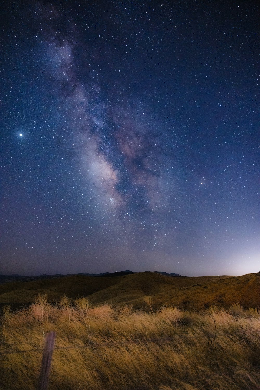 campo de grama marrom sob o céu azul durante a noite