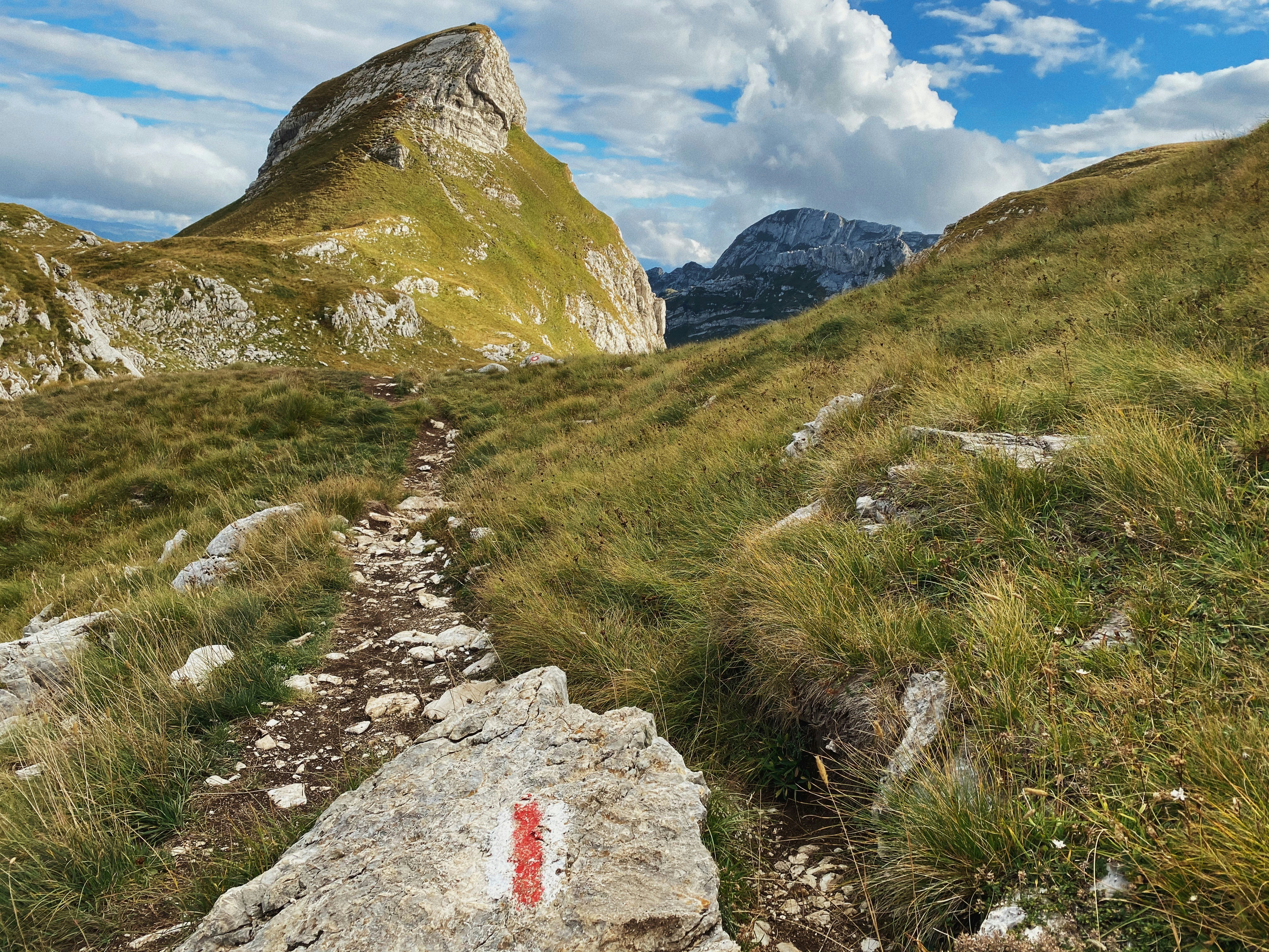 Gray rock on green grass field near mountain under blue sky during ...