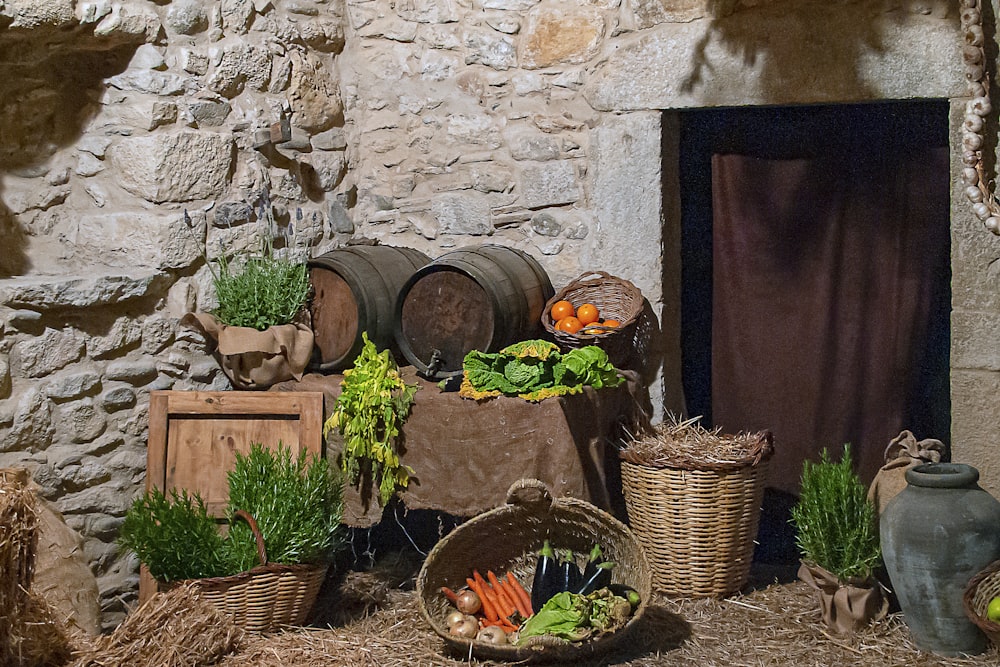 brown woven baskets with green plants