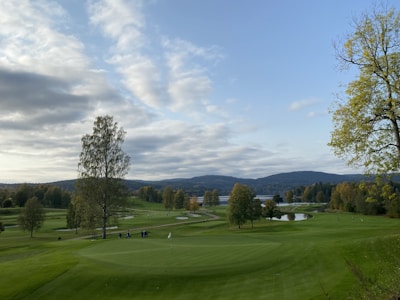 A vibrant golf course during a tournament with players in action.