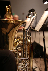 A detailed shot of a brass band rehearsing in a cozy rehearsal room, sheet music visible on stands.