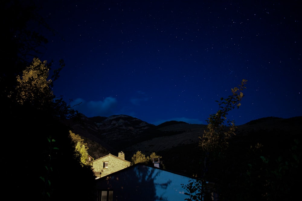 Casa bianca e marrone vicino agli alberi verdi sotto il cielo blu durante la notte