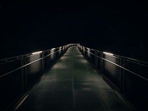 brown wooden bridge with light during night time