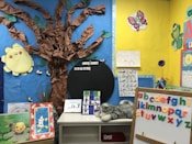 A colorful classroom corner decorated with educational materials and artwork. A tree made of brown paper with a bright yellow paper sun on a blue background. Alphabet letters displayed on a board with multicolored magnets. Several educational posters feature drawings and letters, and a plush toy lies on a white shelf. Various cut-out images and decorations create a child-friendly and engaging learning environment.